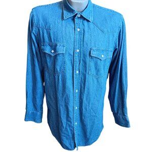Medium Vintage Cowboy Western Shirt Denim 100% Cotton Snap Forge Workwear Y2K